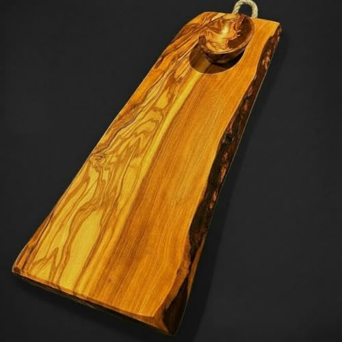 What the Art!® Olive Wood «Lungo» Gr. L | Olivenholz Schneidebrett inkl. Dip-Schälchen | Handgemacht | ca. 42 x 12-14 x 2 cm | Käsebrett - Hackbrett - Servierplatte - Servierbrett