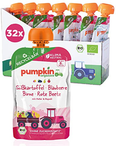 Bio Quetschie Süßkartoffel, Blaubeere, Birne, Rote Beete, Hafer & Rapsöl - Gemüsepüree, Fruchtmus und Getreide für Babys ab dem 6. Monat. Recycelbarer Quetschbeutel, 32er Pack (32x100g)