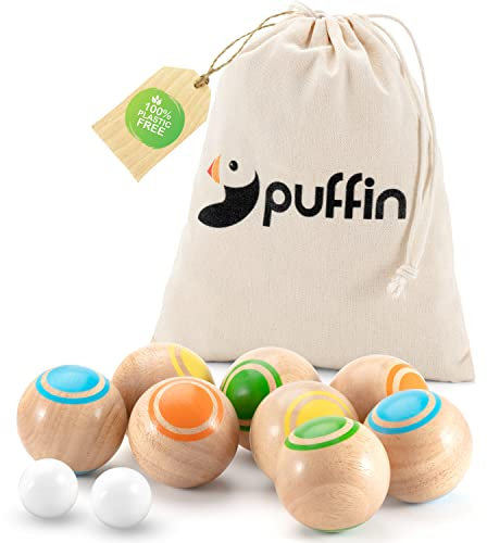 Puffin Boccia Kugeln Holz | Boccia Spiel im praktischen Set | Outdoor Spiele für Erwachsene | Boccia Spiel mit Kugeln | Ideal für den Garten, Park oder als Strandspiel