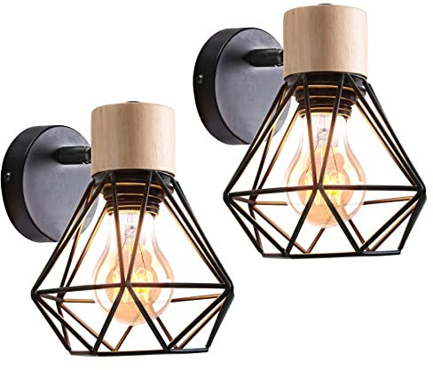 iDEGU Lot de 2 Appliques Murales Industrielles Design Cage en Métal Lampe Murale Bois Décoration Ajustable Vintage Luminaire Interieur pour Chambre Couloir Salon, 16CM (Style-B Noir)