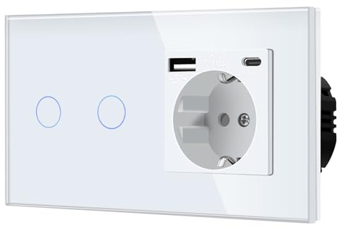 BSEED DimmSchalter mit Steckdose USB C für LED-Lampen, Non-wifi Schalter aus Glas, 240V für eine perfekte Listimmungsvolle, 2 Fach 1 Weg Weiß