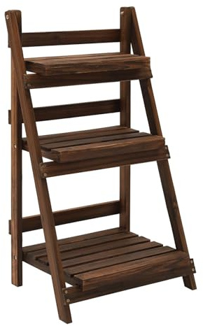 PaMeer Freestanding 3 tier Burntwood Plant Stand Shelf, Folding Ladder Planter, Small Plant Garden Shelves Outdoor For Displaying Flower Pots & Decorative Plants_ 58.5 x 38 x 92cm