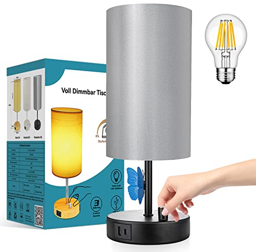 Wondlumi LED Tischlampe, Dimmbar Nachttischlampe mit USB Ladefunktion, Kleine E27 Tischleuchte Schwarz mit Schirm für Schlafzimmer Wohnzimmer Büro, inkl. 8W Warmweiß LED-Birne