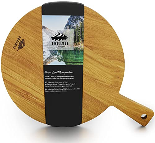 EKFJAELL Premium Pizzabrett Eiche 40x30x2 cm - Ca. 30 cm Durchmesser Mit Griff, Antibakteriell & Sonnenblumenölbeschichtet, Pizza Schneidebrett Rund, Jausenbrett Holz