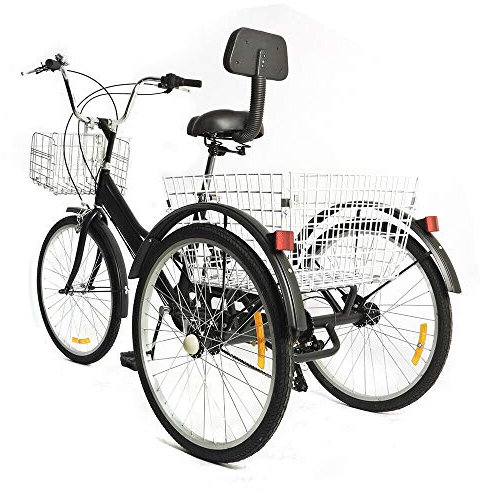 Lightakai Dreirad für Erwachsene, 24 Zoll Erwachsene Dreirad 7 Gang Dreirädriges Cruiser-Fahrrad für Erholung Mit Vorderer Rahmen und Rückenlehne für Erholung, Einkaufen, Picknicks (Schwarz)