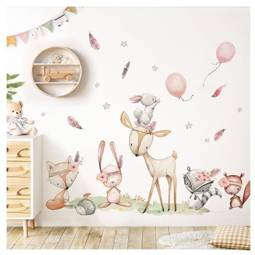 DEKO KINDERZIMMER Wandtattoo Waldtiere Set Wandsticker REH Hase Fuchs Kinderzimmer Wandaufkleber Ballon Babyzimmer Wanddeko DK1098-1