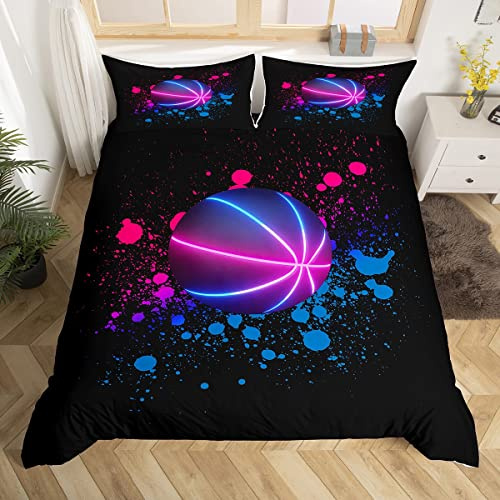 Housse de Couette Basketball 200x200,Ensemble de Literie Neon Basketball Parure de Lit Imprimée Tie Dye Rose et Bleu pour Les Enfants Garçons Filles Adolescents,Housse Couette Noire À Thème Sportif