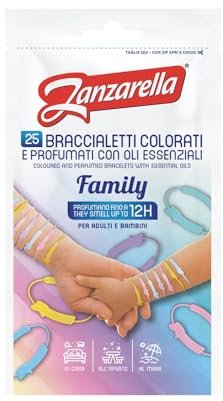 Zanzarella, 25 Braccialetti Antizanzare Family, in Silicone 100% Riciclabile, con Repellente per Zanzare A Base di Oli Naturali, Attivi Fino a 12 Ore, con 5 Diversi Disegni Colorati, Taglia Unica