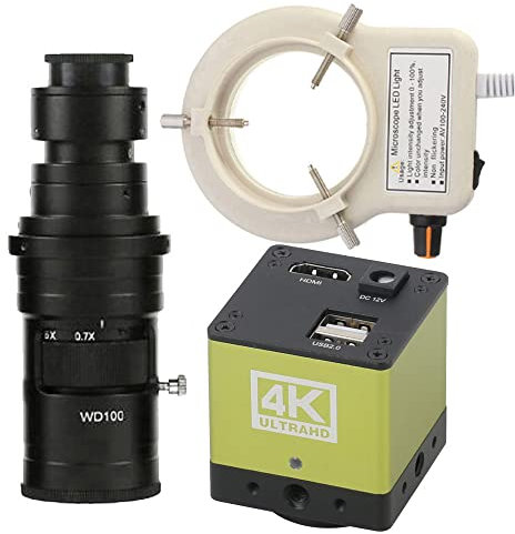 SATMW Caméra de Microscope Industriel 4K UHD 1080P HDMI et Objectif à Monture C 200X avec éclairage annulaire réglable à 56 LED