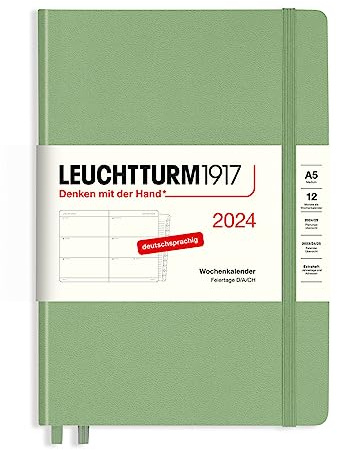LEUCHTTURM1917 367617 Wochenkalender Medium (A5) 2024, mit Extraheft für Adressen und Jahrestage, Salbei, Deutsch, 12 Monate