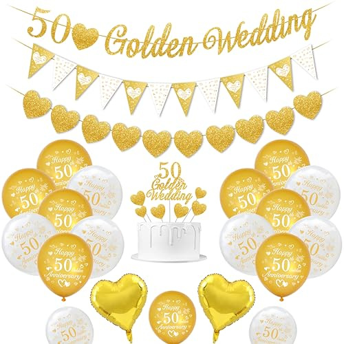 Goldene Hochzeit deko, 50 Hochzeitstag Dekorationen 50 Goldene Hochzeitsbanner Happy 50th Anniversary Luftballons Goldweiße Luftballons Herzballons 50 Golden Wedding tortenaufsatz
