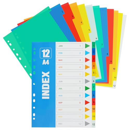 OFFCUP 12-teiliges Register/Trennblätter, 3 Set A4 praktischem Deckblatt, beschriftbares Deckblatt und 12 Trennblätter mit Zahlenaufdruck 1-12 Premium-Register Indexseite