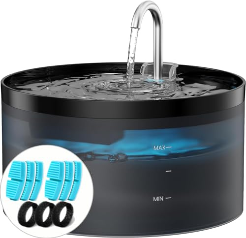 BEMOONY Fontanella per Gatti, 6 Pezzi Filtro + 3 Pezzi di Spugna, 3.2L Fontana per Gatti, Fontanella per Cani Pompa Ultra-Silenziosa con Luce Led, Filtraggio Profondo, Serbatoio Dell'Acqua Traslucido