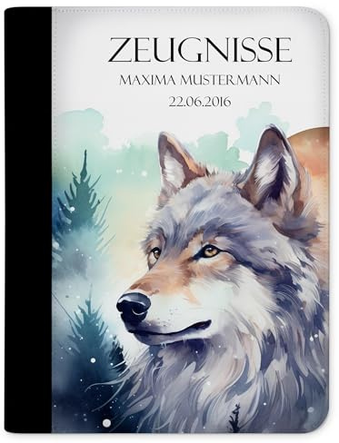 CreaDesign Zeugnismappe A4 mit Namen personalisiert für Kinder – Wolf Traum – Dokumentenmappe Schule ohne Klarsichthüllen