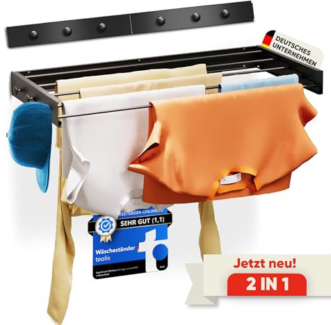 teolix Wäscheständer Wandmontage [2in1 mit extra Kleiderhaken] Ausziehbar und Platzsparend | Wäschetrockner Klein für Wand | Clothes Drying Rack Zeitlos Praktisch - (Schwarz, 80cm)