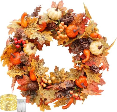 45cm Künstliche Kürbisse Kranz,Künstlicher Herbst Kranz Ahornblatt Kranz mit Haustür Dekoration Kranz mit Ahornblätter Kürbis Bunte Beeren für Halloween Thanksgiving Weihnachten Wandschmuck (Orange-3)