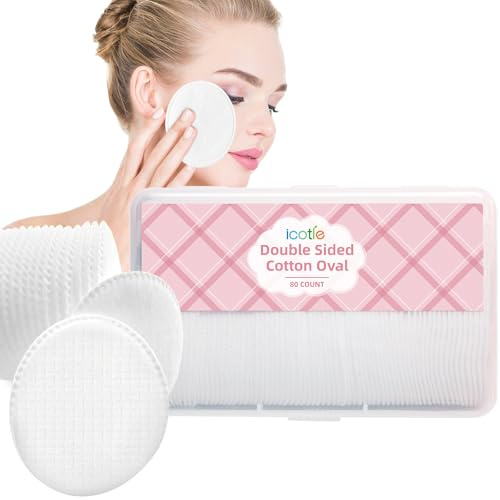 ICOTLE Large Oval Cotton Pads, 80 Count, Multi-Layer, Lint-Free, Dual-Sided, Ultra-Soft Cotton Oval Pads for Makeup Removal, Cleansing, and Toner Application
