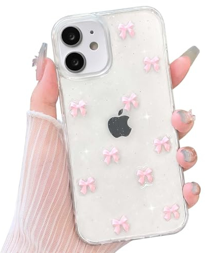 NITITOP Kompatibel mit iPhone 11 Hülle Klar Transparent Cute 3D Rosa Schleife Süßes Glitzer Glitzernde Paillette Teen Girls Dünne Schutzhülle - Rosa Schleife