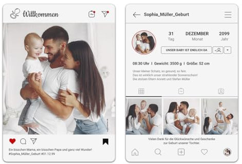 Personalisierte Geburtskarten/Geburt Dankeskarten im witzigen Partygram Social Media Motiv mit 4 Ihrer Foto und eigenen Texten, DIN A6, abgerundete Ecken, 300g/qm Kartonpapier
