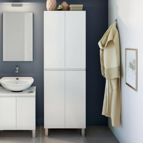 Dmora - Mobile colonna Sarasota, Pensile bagno o cucina, Armadio alto multifunzione, Mobiletto multiuso, 60x35 h182 cm, Bianco lucido