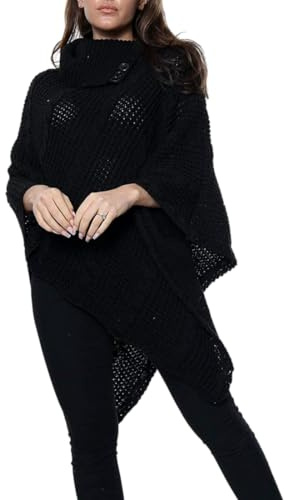 FASHIONISM Poncho da donna lavorato a maglia grossa a 3 bottoni con colletto invernale mantello avvolgente lavorato a maglia scialle top caldo maglione casual