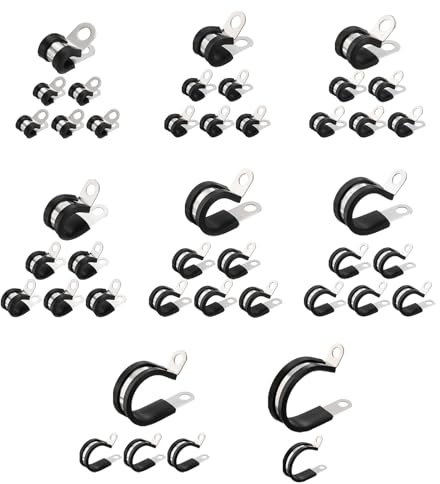 sourcing map 60pcs 304 Stainless Steel Cable Clamps 1/4-1-1/4 Rubber Cushioned Insulated Clamp Metal Loop Pipe Clamp for Tube Pipe Wire Cord Installation