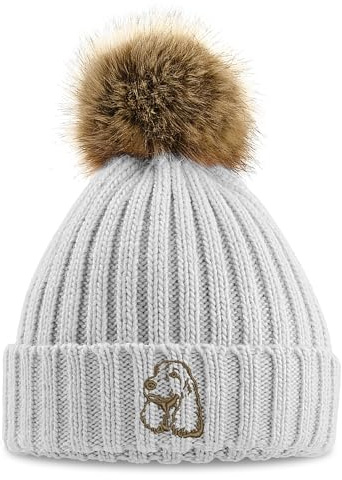 Lila tryck hus cocker spaniel broderad fuskpäls pom pom mössa vinter promenader broderi tjock damhatt, Ljusgrå, one size
