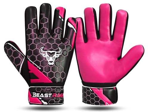 BEAST RAGE Målvaktshandskar för Barn, Pojkar och Ungdomar, Målvaktshandskar i Antislida Latex 4MM, Handlederstöd (Rosa, Storlek 6 Lämplig för Barn 12 till 15 År)