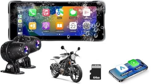Navigatore per Moto Carplay con Display 7 Android inclusa telecamera e dvr con Attacco a Manubrio Tondo Incluso 7 Pollici Impermeabile Utilizzabile con Supporti Auto e Moto