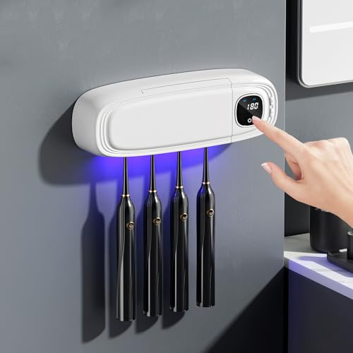 Maxspace UV Zahnbürsten Sterilisator, Wiederaufladbare Zahnbürstenhalter zur Wandmontage mit Trocknen, Zahnbürsten Sterilisator mit uv Licht und 4 Steckplätzen für Badezimmer (Weiß)