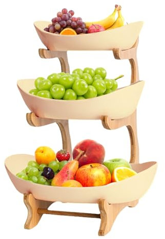 Présentoir à Fruits à 3 Étages avec Bac pour Cuisine, Support Moderne en Bois avec Panier de Rangement pour Plan de Travail et Gâteaux