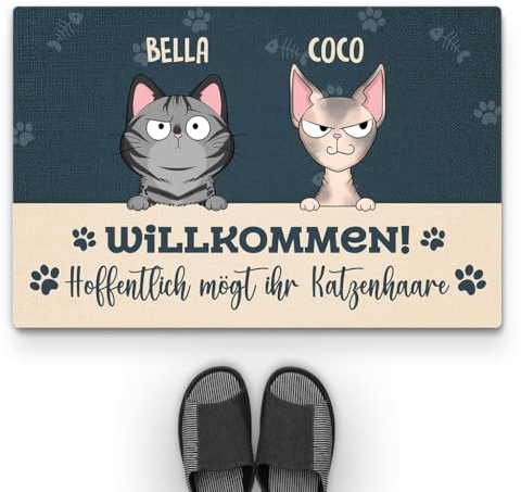 Geschenke Mall Personalisierte Fussmatte - Willkommen Hoffentlich Magst Du Katzenhaare - Namensfussmatte Familie (Modell #1, 2 Katzen)