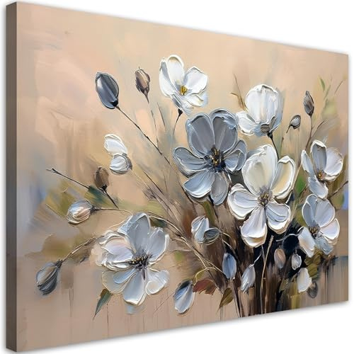 Feeby Wandbilder - Bilder Schlafzimmer - Graue Blumenstrauß-Abstraktion - 90x60 1tlg - Wohnzimmer Bild Groß - Wohnungs - Foto Geschenk - Leinwand Wall Art - Wand Deko