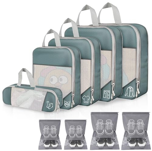 Kofferorganizer-Set 9-teilig, Kompressions-Packwürfel Grau mit Netz, Packtaschen für Koffer, Reiseorganizer mit XL, L, M, S Packbeuteln, und 4 Pcs Schuhbeuteln, für Urlaub und Geschäftsreisen