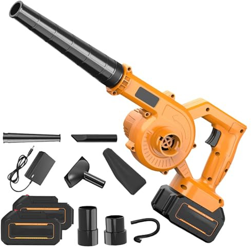 Laubbläser mit Akku, 21 V, Laubbläser mit Akku und Ladegerät, 3,3 m³/min, 23.000 U/min, 550 W, kabelloser Laubbläser für die Rasenpflege, Staubentfernung (Gelb, 2 Akku)