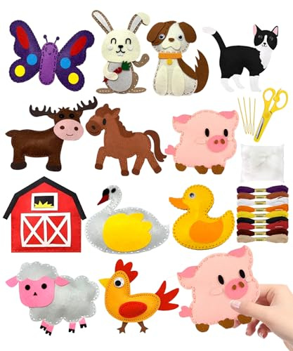 Select Zone DIY Nähen Kinder,Nähset Kinder Nutztiere 15 Stück Bastelset Filz mit Stickgarn Plastiknadeln Füllwatte Schere Handarbeit für kinder ab 3