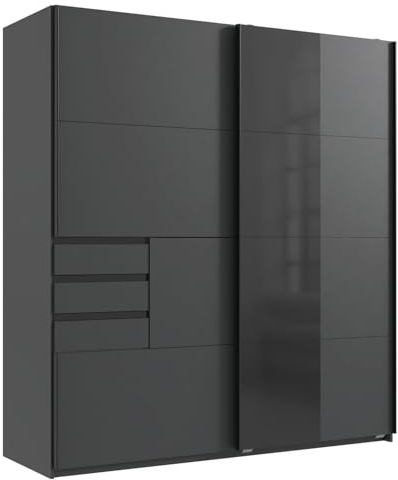 Generisch Schwebetürenschrank - 180 x 198 cm - 3 Schubladen - Graphit matt Dekor - Schwarzglas - mit Spiegel