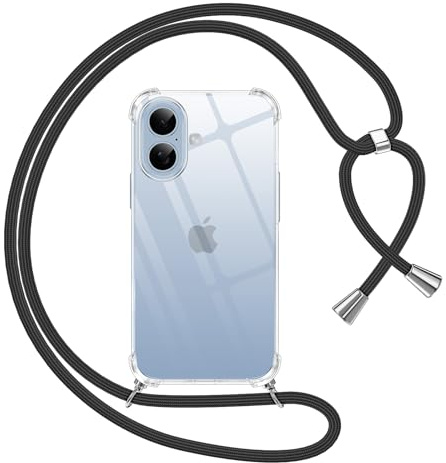 Pnakqil iPhone 17 fodral med snodd, transparent fodral med rem för mobiltelefon med rund hals skyddande halsband för iPhone 17 6,3 tum, svart