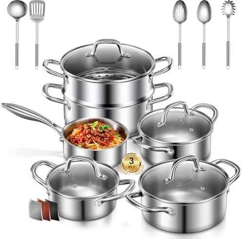 3 Plis Casserole Inox, 15-Pièces Batterie de Cuisine pour Induction, batterie casserole induction Non Revêtue Avec Insert à Vapeur, Lot Casserole Inox Compatible Toutes Types de Cuiseurs