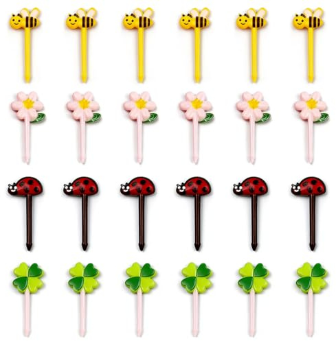 VYNZOR 24 Forchettine da Frutta per Bambini, Colorati Stuzzicadenti per Cibo per Dessert e Finger Food, Perfette per Vaschette Portapranzo Bento, Punte Arrotondate e Sicure, Facili da Pulire