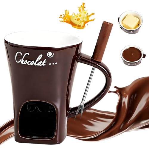 Chocolate Fondue Mug, Cheese Warmer Cup, Melt Hot Pot Bowl Set, Ceramic Butter Warmers Pot Set, Light Candle Fondue Melter Set, for Cheese Chocolate Butte for Valentine's Day Gift (No Candle)