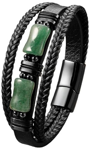 Mehrlagiges Herrenarmband Aus Geflochtenem Leder Mit Naturstein-Kristallperlen, Schwarzem Lederarmband Und Magnetverschluss. Handgefertigtes Schmuckstück – Das Perfekte Geschenk Für Freund Oder E