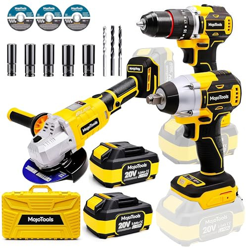 MoJoTools Brushless Cordless Power Tool Combo Kit for Heavy DIY & Semi-Professional Use – 50Nm Drill Driver, 380Nm Impact Wrench, 5 Angle Grinder LCD, 2×3000mAh Batteries, Carry Case &&Accessories