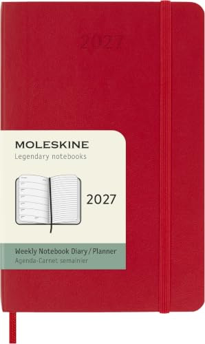 Moleskine Veckoplanerare 2027, mjukt omslag 12 månaders dagbok med utrymme för anteckningar och elastisk stängning, fickstorlek 9 x 14 cm, scharlakansröd