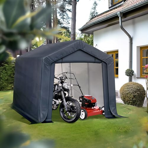 PHI VILLA Geräteschuppen Gartenhütte mit 2 Türen Fahrradgarage Outdoor für 4 Fahrräder Motorrad Garage 240x370x220cm Wetterschutz Shelter mit 2 Belüftungsöffnungen Grau