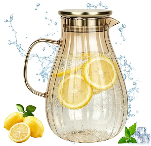 Trendecor Jarra de cristal de 1,8 litros con tapa, jarra de agua de vidrio de borosilicato con filtro de acero inoxidable, resistente al calor para bebidas calientes y frías, té helado, vino, café
