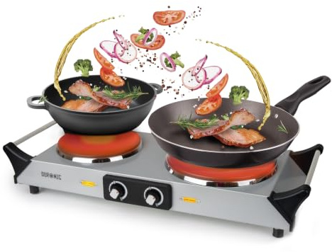 Duronic Electric Hot Plate HP2 SR, 2500W Double Burner Hob, Portable Table Top Cooker with Cast Iron Ring & Cool-Touch Handles for Camping, Caravans, Home, Small Kitchens, Silver