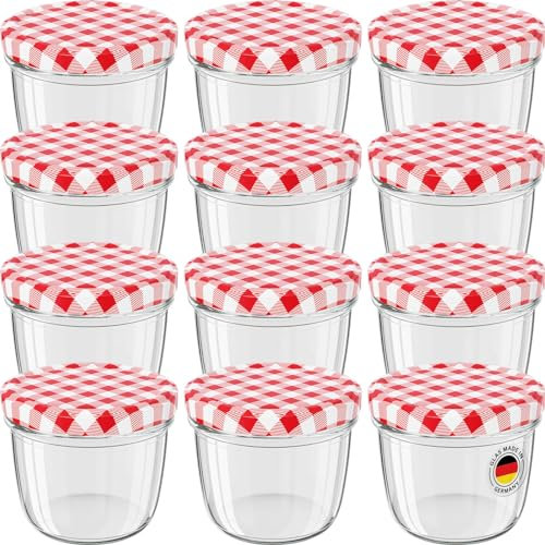 WELLGRO 12x Einmachgläser mit Schraubdeckel, 230 ml Einmachglas Klein, Marmeladengläser Rot Karierte, Kleine Gläser mit Deckel To 82, Einweckgläser Made in Germany, Schraubgläser Stückzahl: 12 Stück