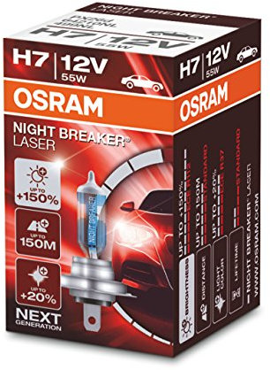 OSRAM NIGHT BREAKER LASER H7, +150% more brightness, halogen headlight lamp, 64210NL, 12V, folding box (1 lamp)