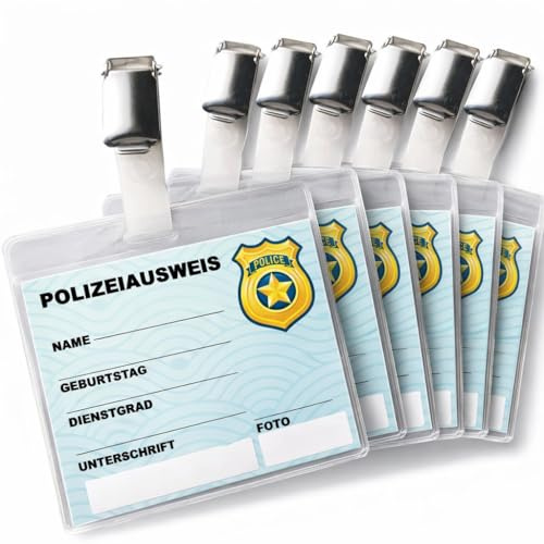 6 Polizei Ausweise mit Clip und Hülle als Mitgebsel zum Kindergeburtstag und Mottoparty | 9x12cm, mit Schutzhülle und Metallclip | Kinder Geburtstag Party Set Ausweis